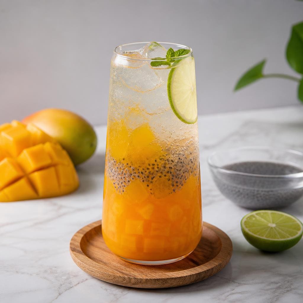 Es Mango Jelly Kopi Ruang Hati dengan sirup mangga jelly selasih dan lime soda
